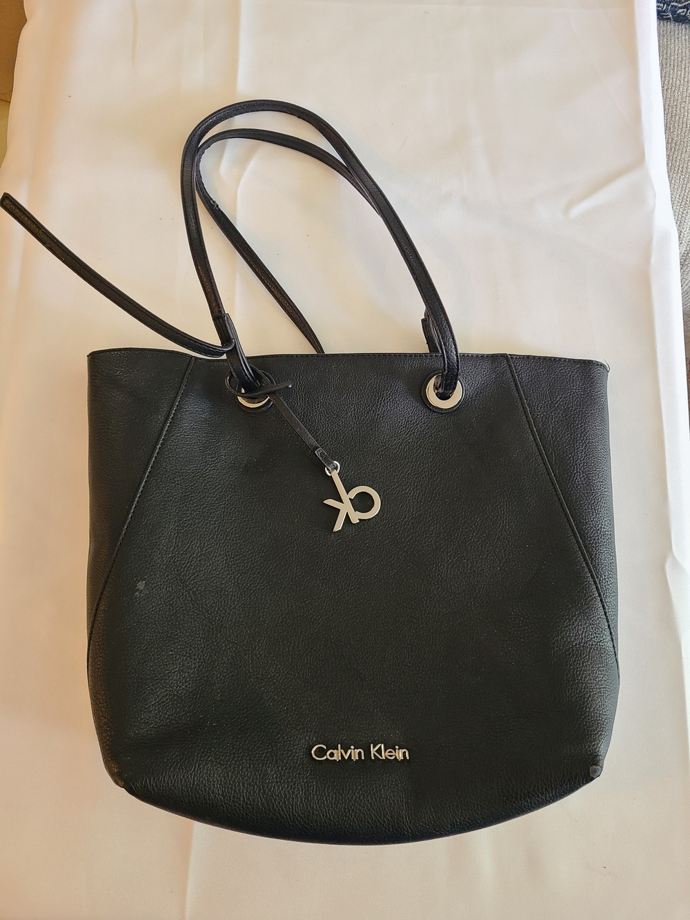 Calvin Klein Black Pebbled Leather Tote with Logo Charm